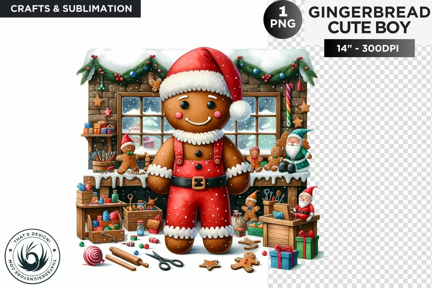 Gingerbread man in santa workshop png clipart product image 1