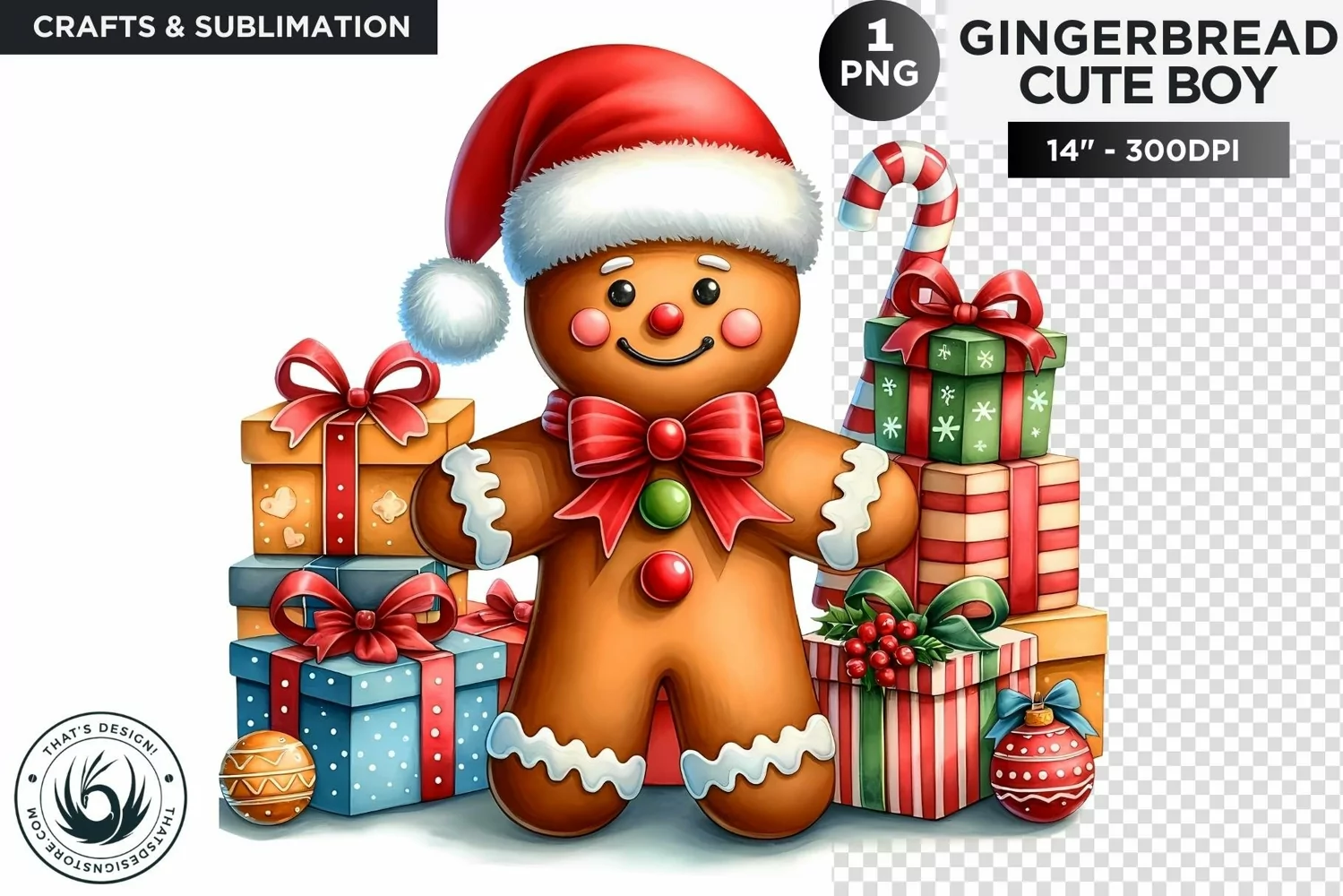 Gingerbread man in santa with sugar cane & gifts png clipart product image 1