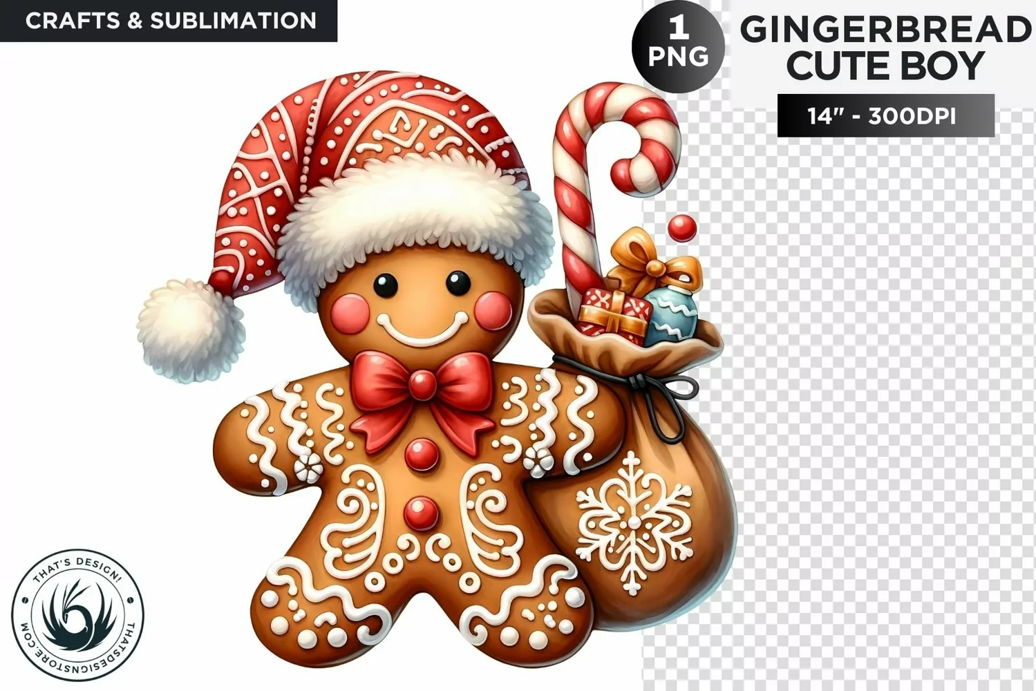 Gingerbread man in santa with sugar cane & gifts png clipart product image 1