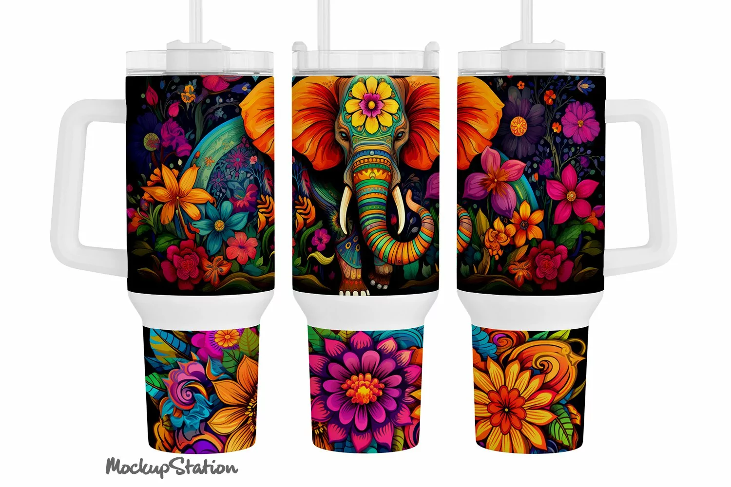 Elephant 40 oz Quencher Tumbler Wrap PNG | Boho Stanley Cup product image 1