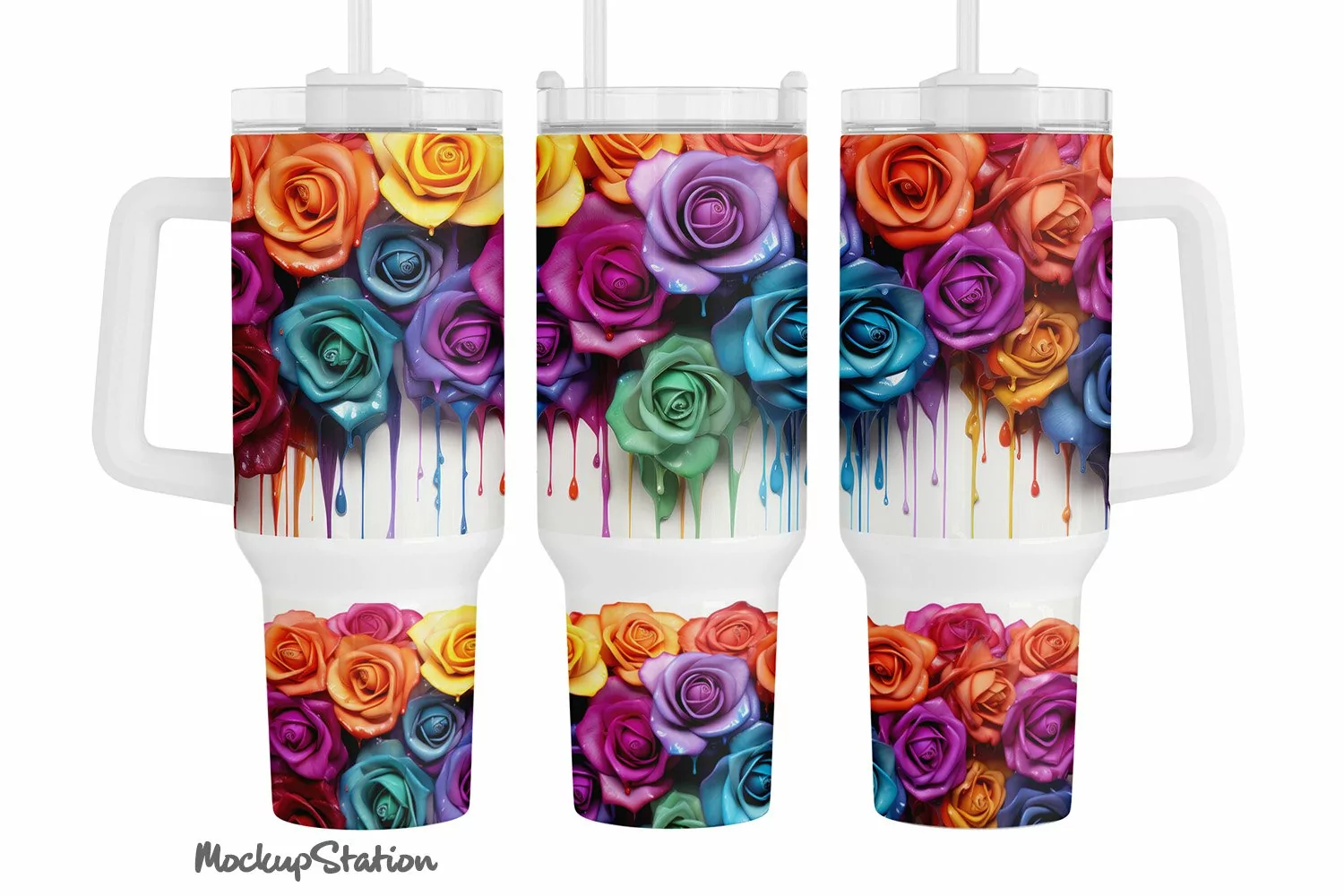 Rainbow Dripping Roses 40 oz Quencher Tumbler Wrap PNG product image 1
