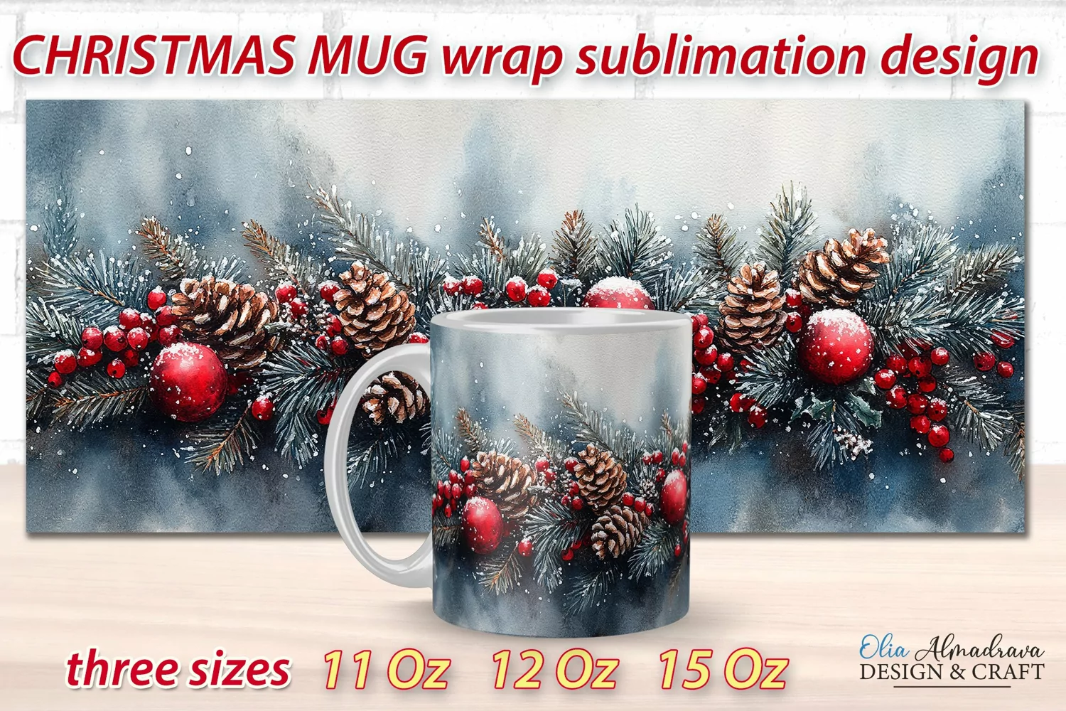 Beautiful festive Christmas wrap design for sublimation on 11Oz, 12Oz and 15Oz MUGS with cute watercolor patterns.