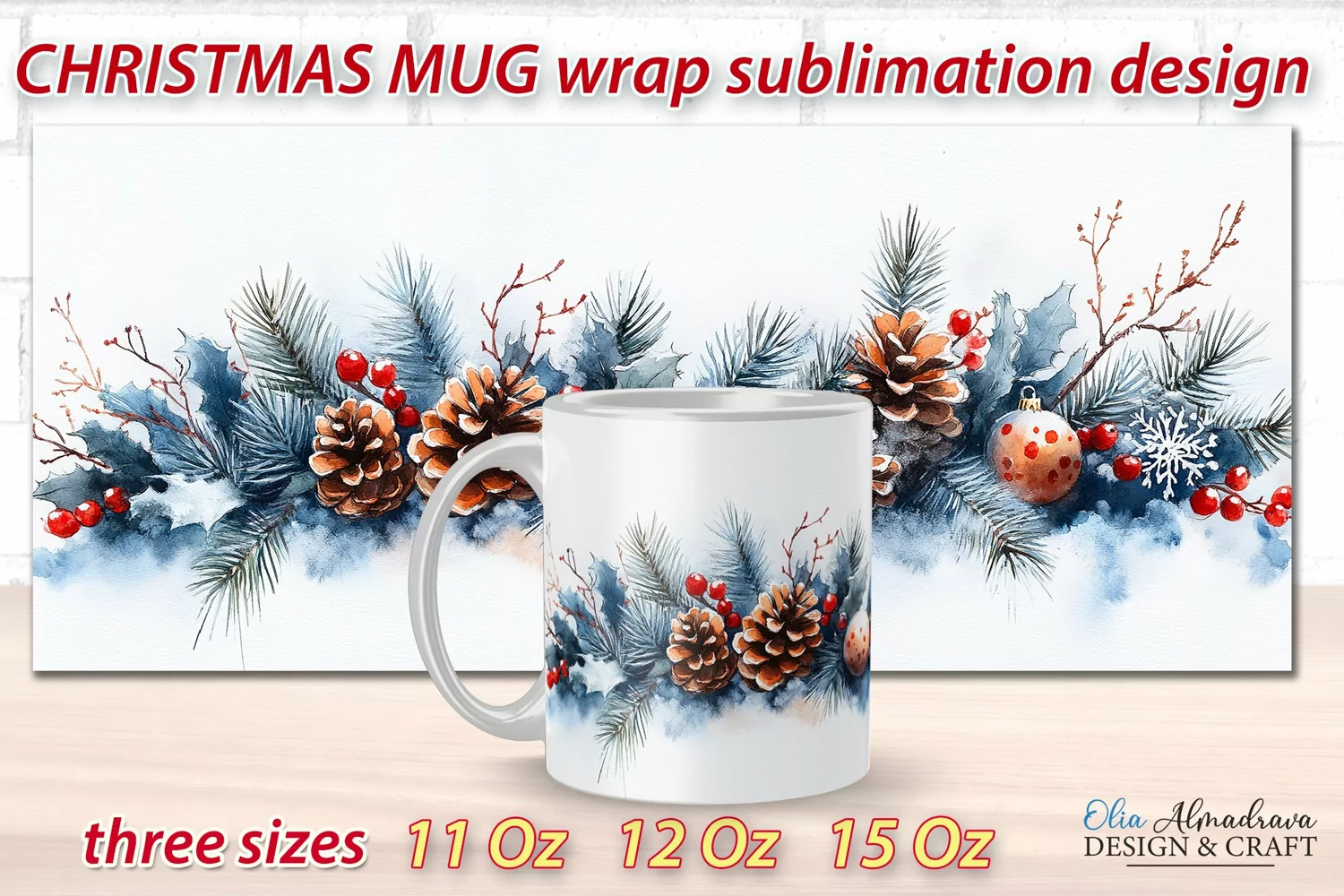 Beautiful festive Christmas wrap design for sublimation on 11Oz, 12Oz and 15Oz MUGS with cute watercolor patterns.