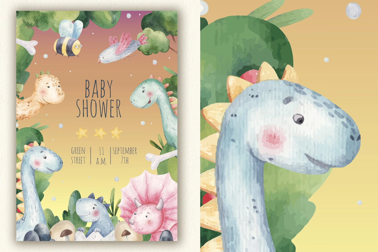 cute traced watercolor baby shower card with dinosaur, dino product image 1