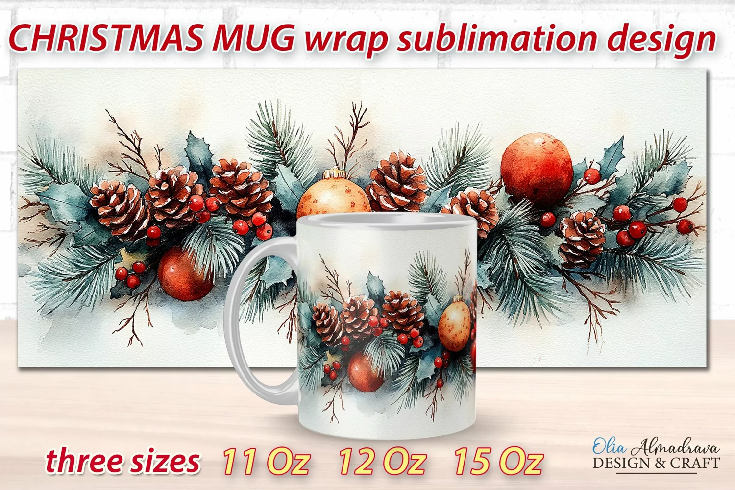 Beautiful festive Christmas wrap design for sublimation on 11Oz, 12Oz and 15Oz MUGS with cute watercolor patterns.