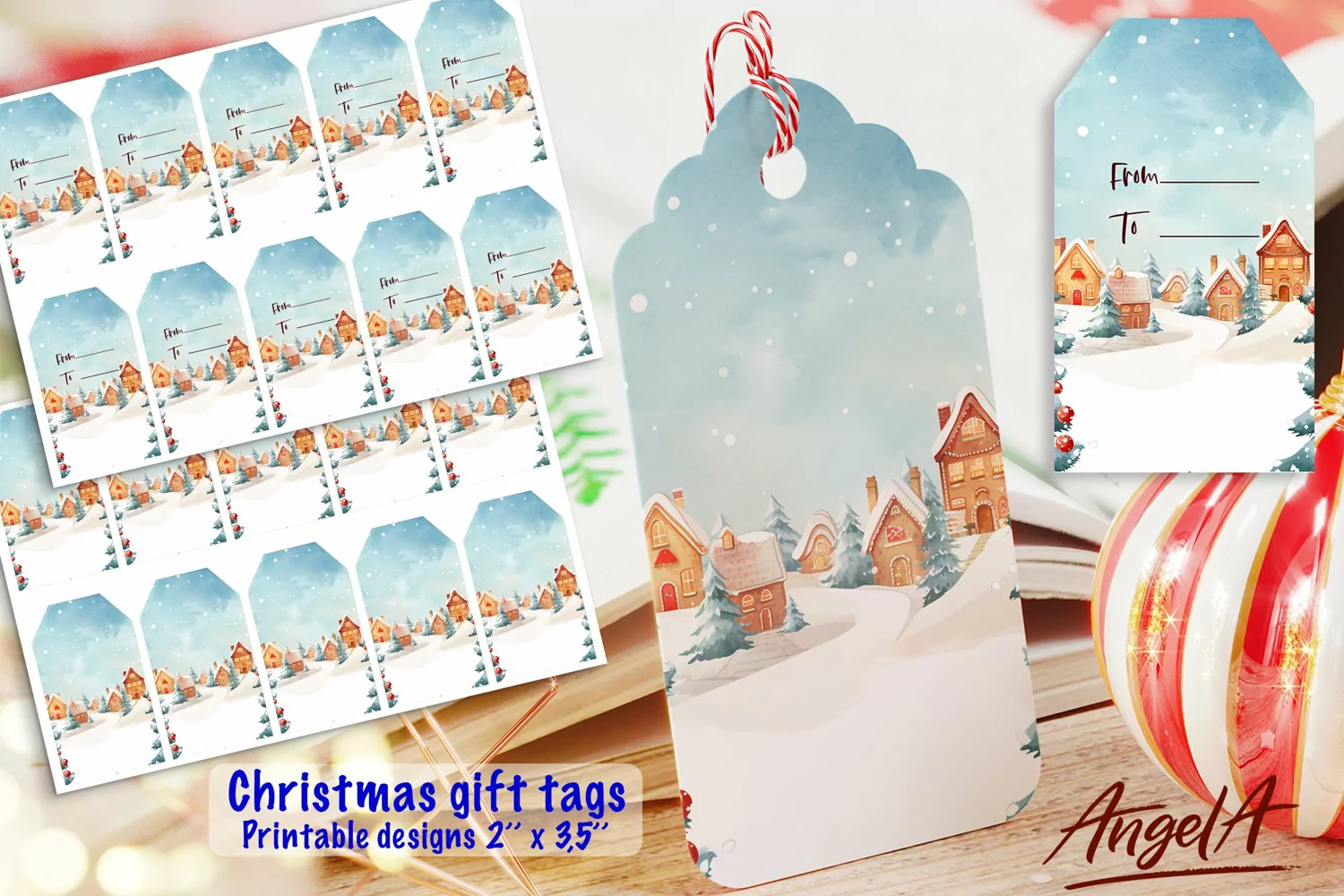 Christmas printable gift tag, Christmas village house PNG product image 1