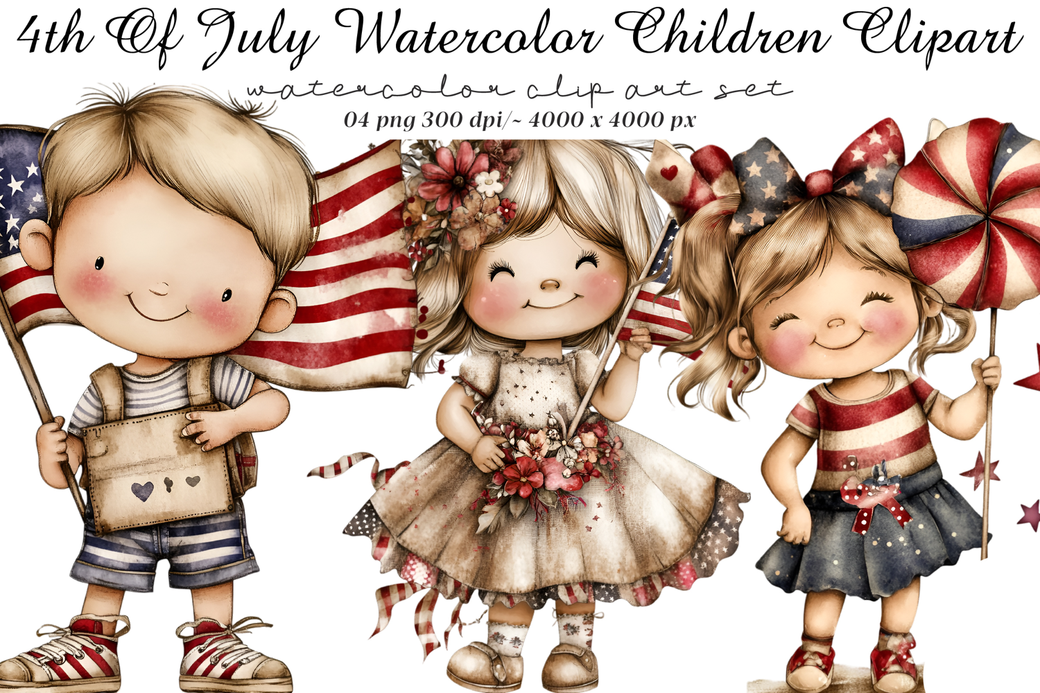 4th Of July Watercolor Children Clipart product image 1