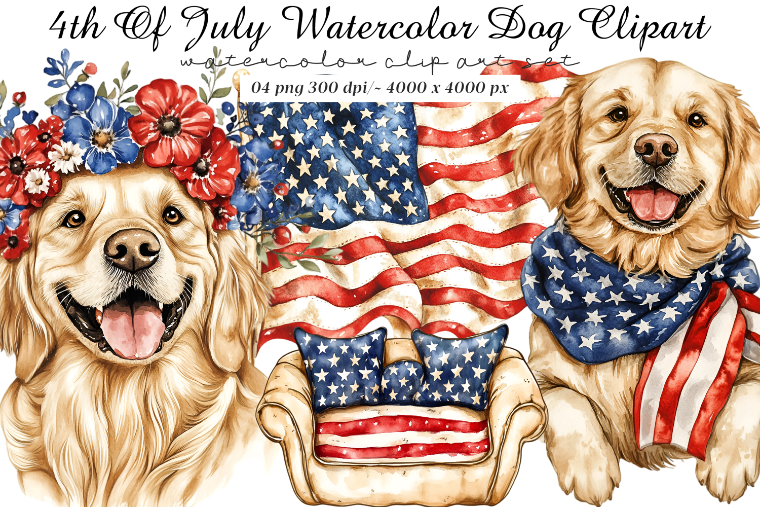 4th Of July Watercolor Dog Clipart product image 1