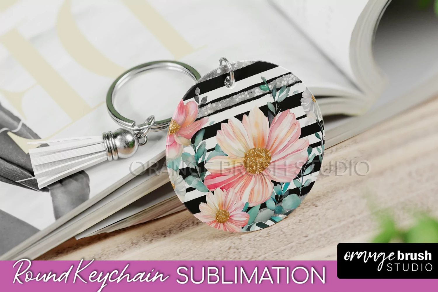 Pink Flowers Keychain, Floral Keychain Sublimation Design product image 1