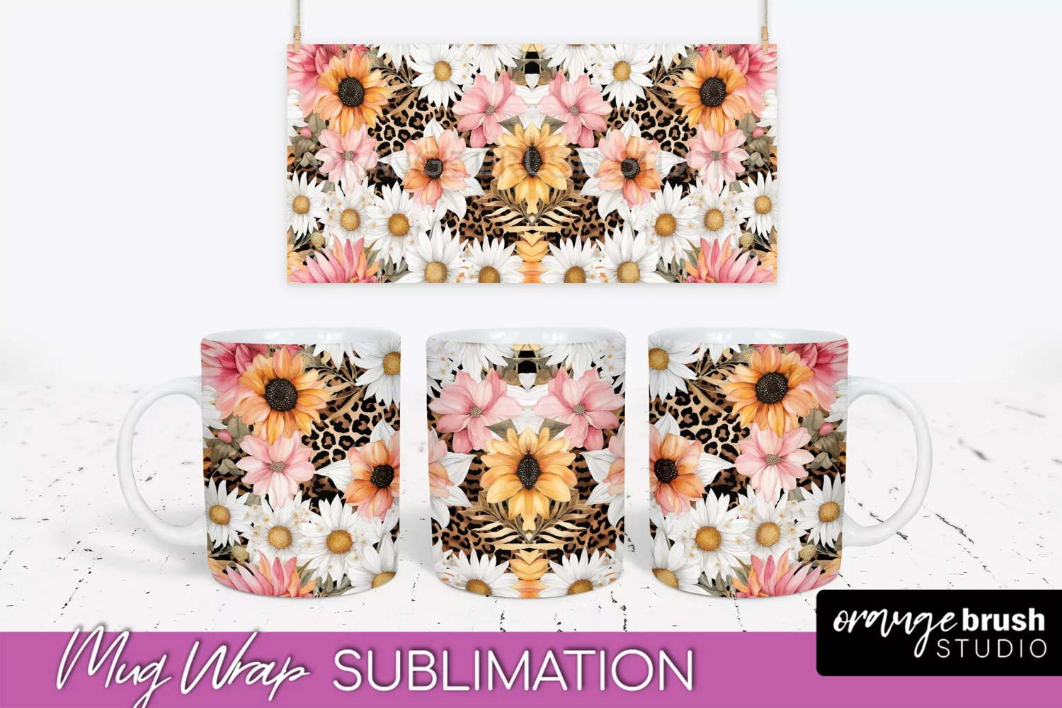 Pink Watercolor Flowers Mug Wrap - Floral Mug Sublimation product image 1