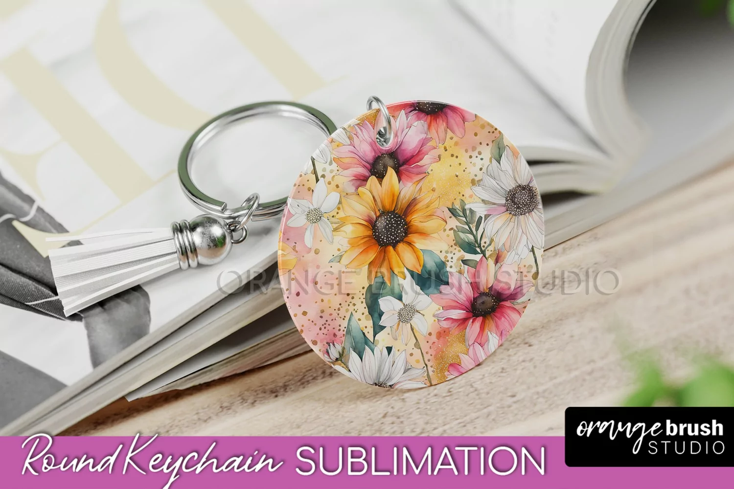 Pink Flowers Keychain, Floral Keychain Sublimation Design product image 1