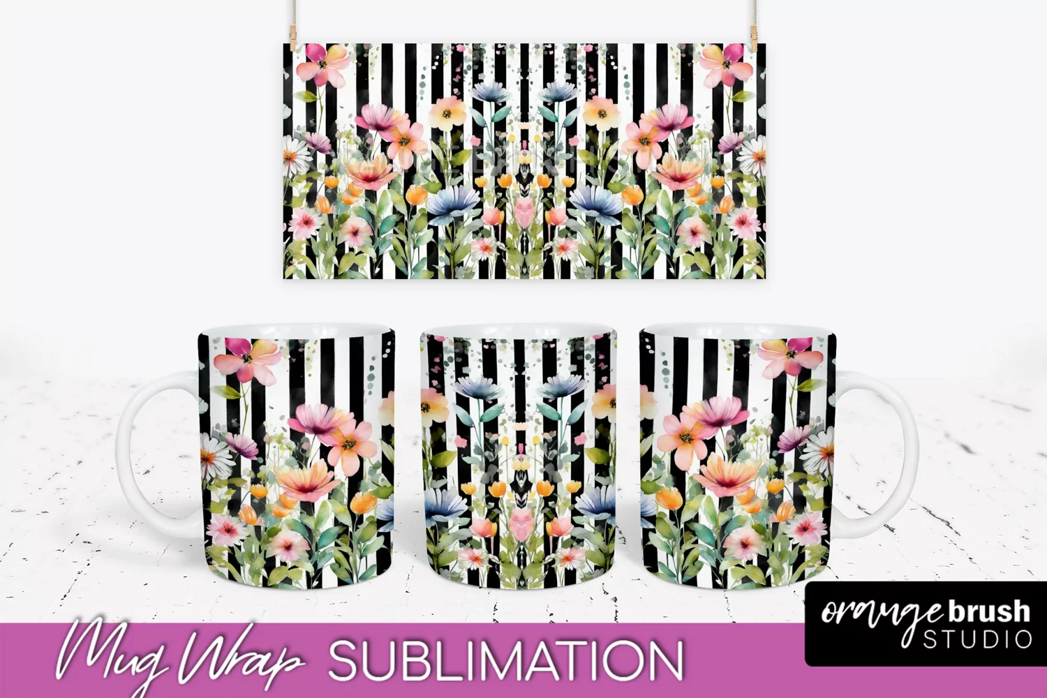 Pink Watercolor Flowers Mug Wrap - Floral Mug Sublimation product image 1