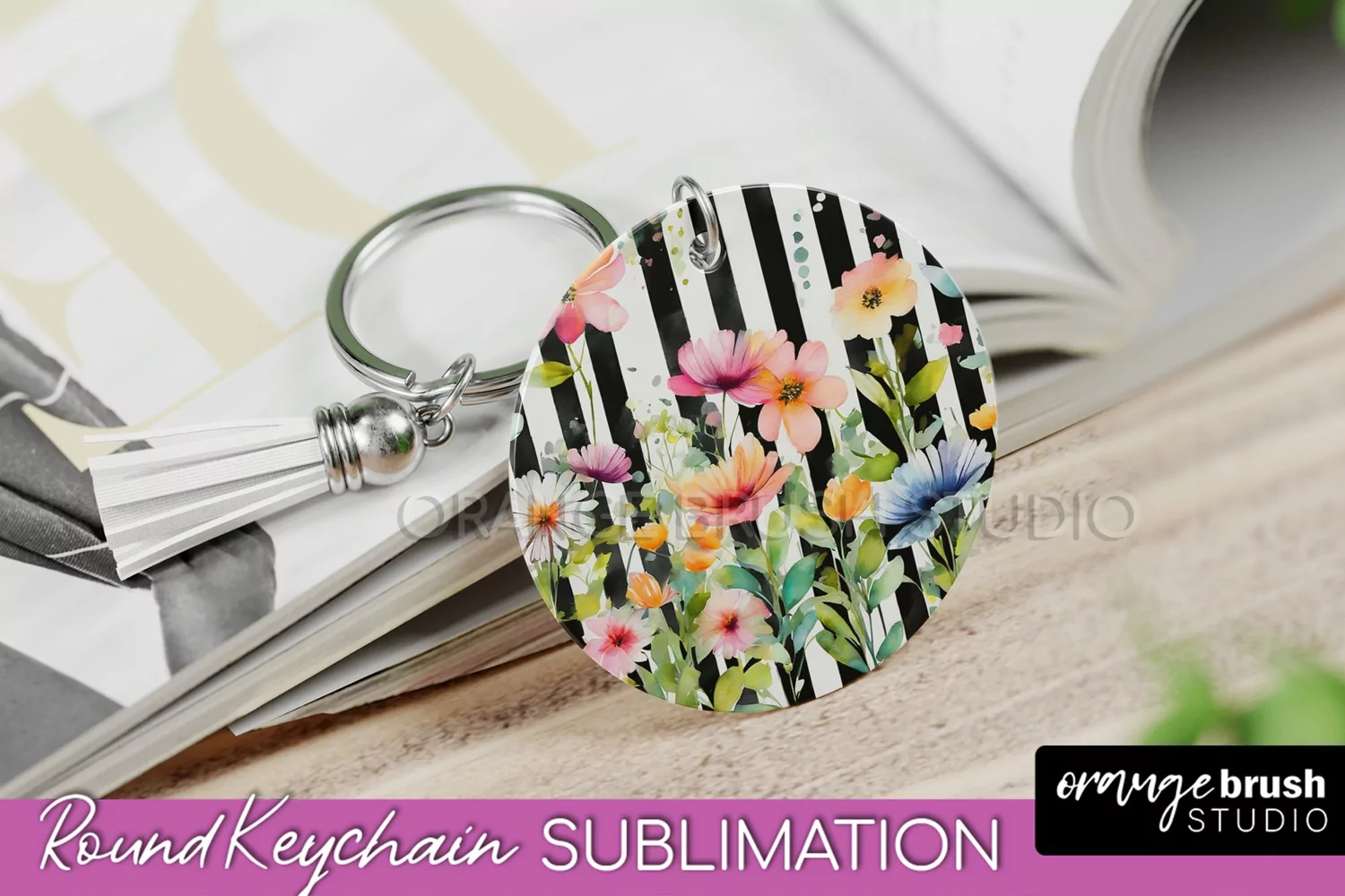 Pink Flowers Keychain, Floral Keychain Sublimation Design product image 1