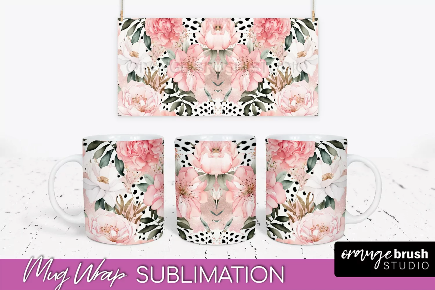 Pink Watercolor Flowers Mug Wrap - Floral Mug Sublimation product image 1