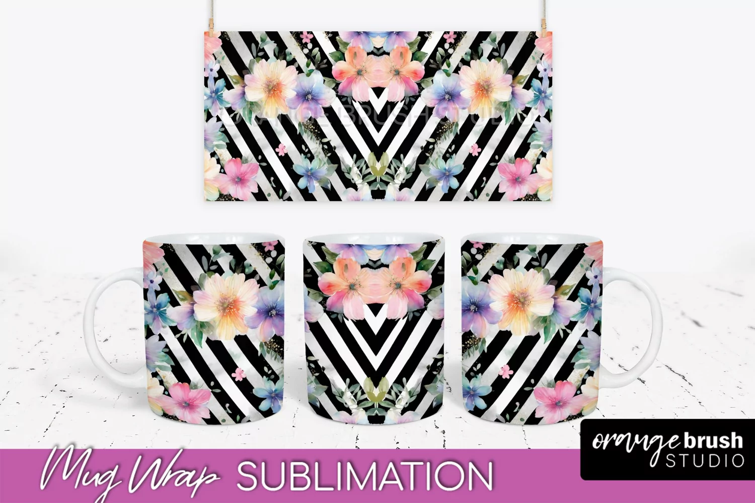 Pink Watercolor Flowers Mug Wrap - Floral Mug Sublimation product image 1