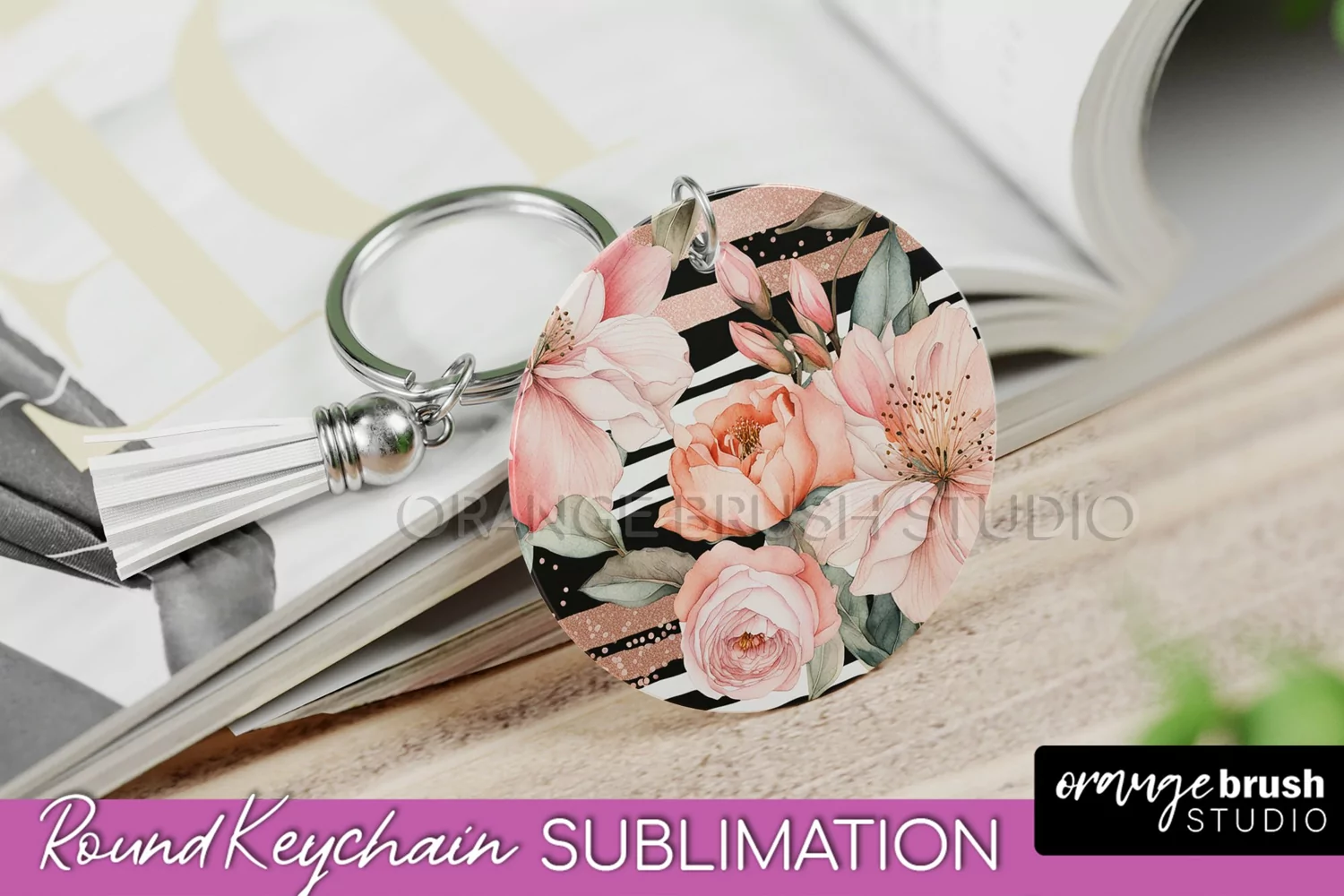Pink Flowers Keychain, Floral Keychain Sublimation Design product image 1