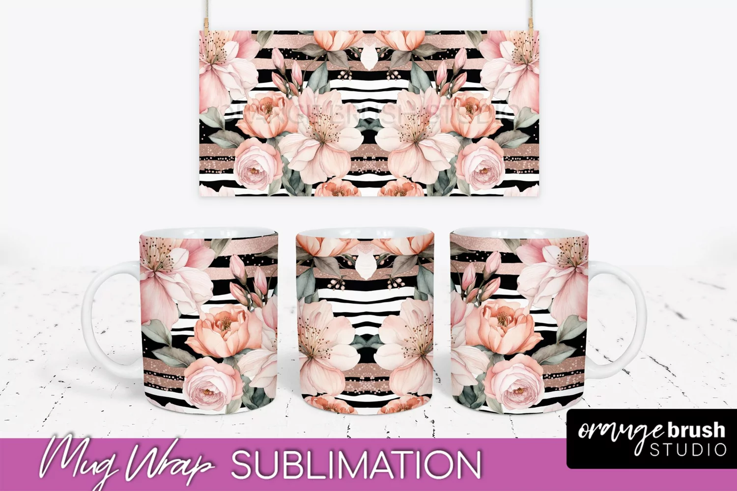 Pink Watercolor Flowers Mug Wrap - Floral Mug Sublimation product image 1