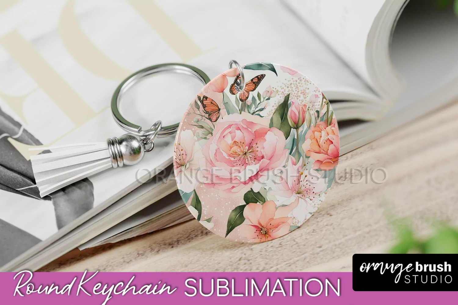 Pink Flowers Keychain, Floral Keychain Sublimation Design product image 1