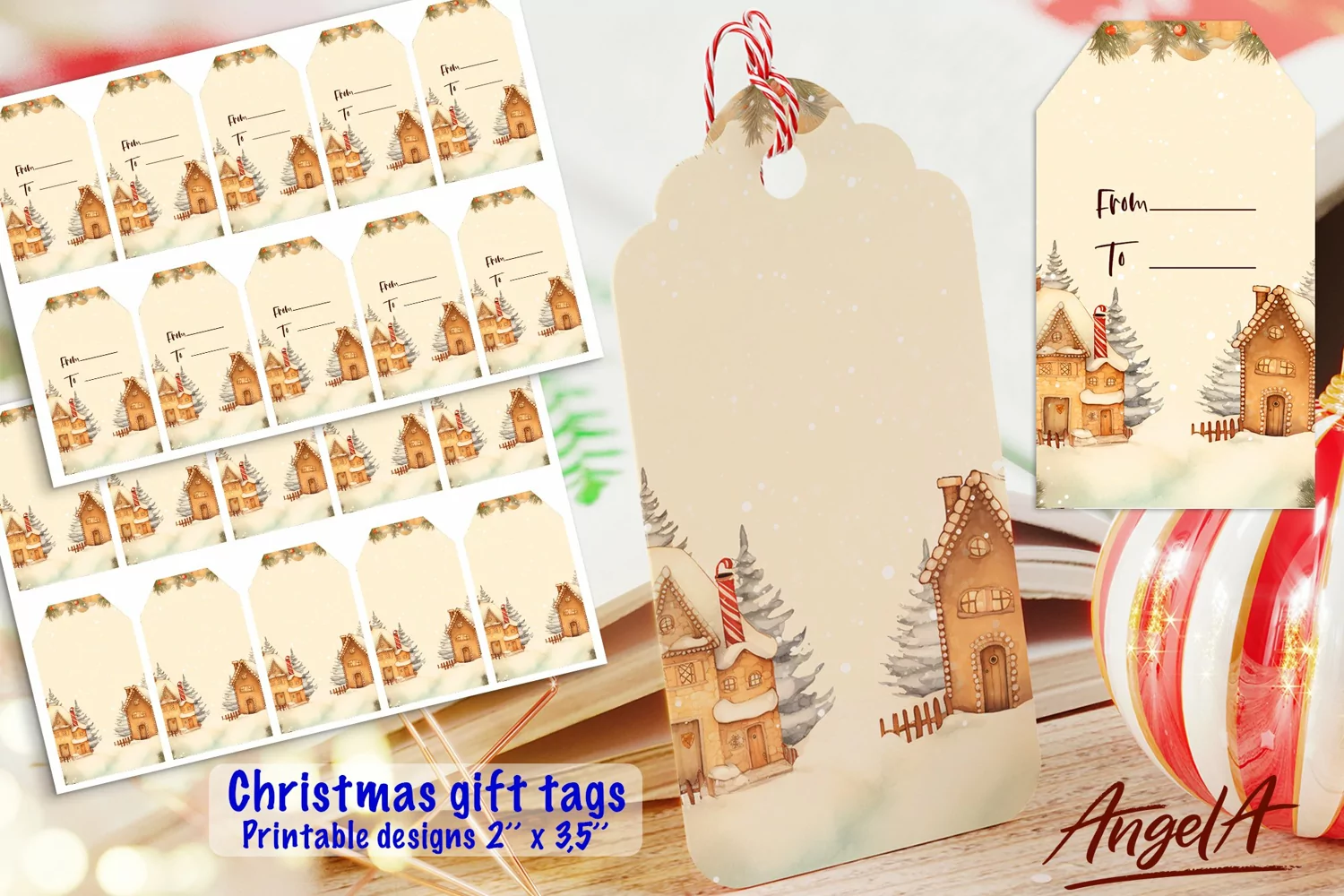 Christmas printable gift tag, gingerbread houses village PNG product image 1
