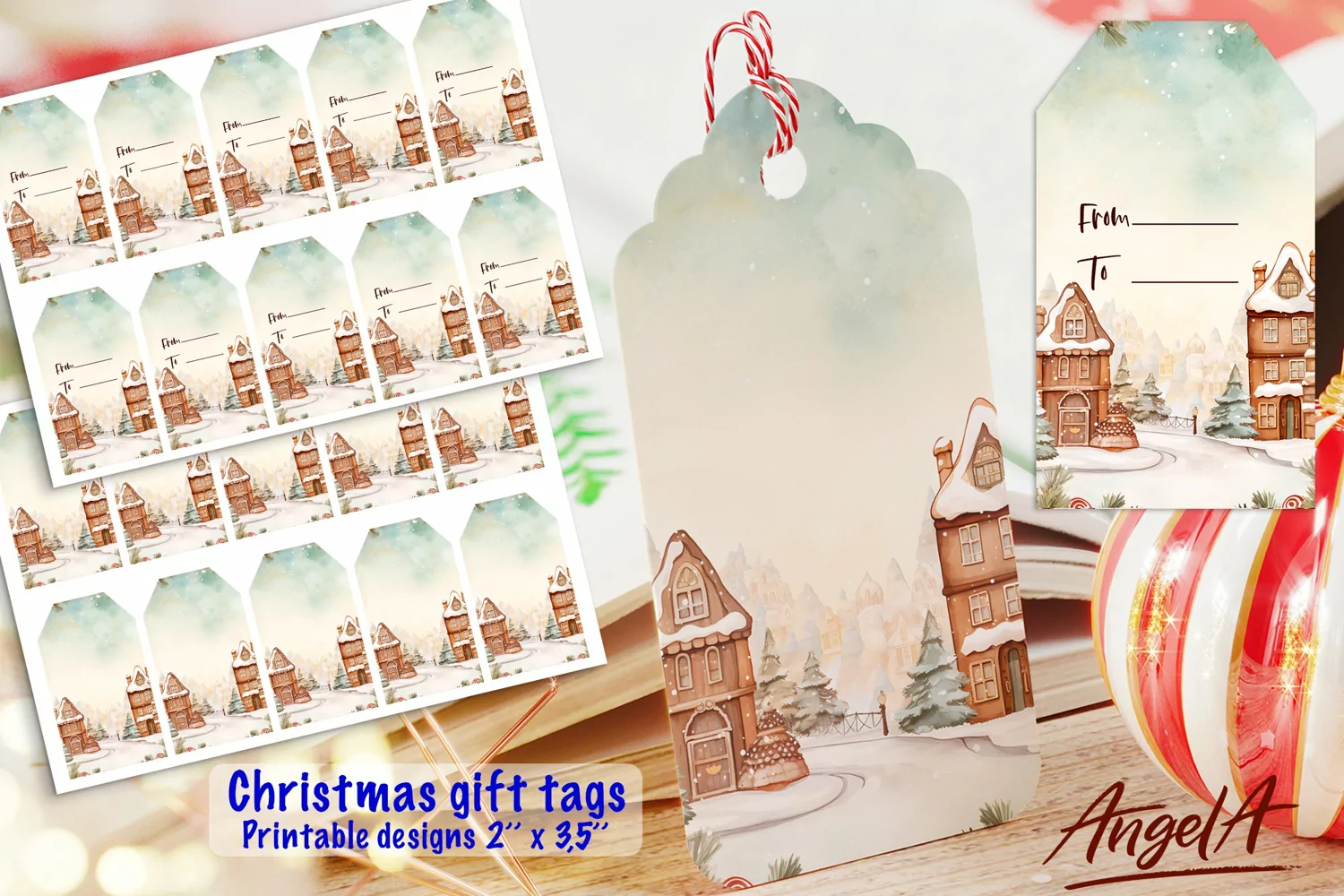 Printable Christmas gift tag, watercolor Christmas village product image 1