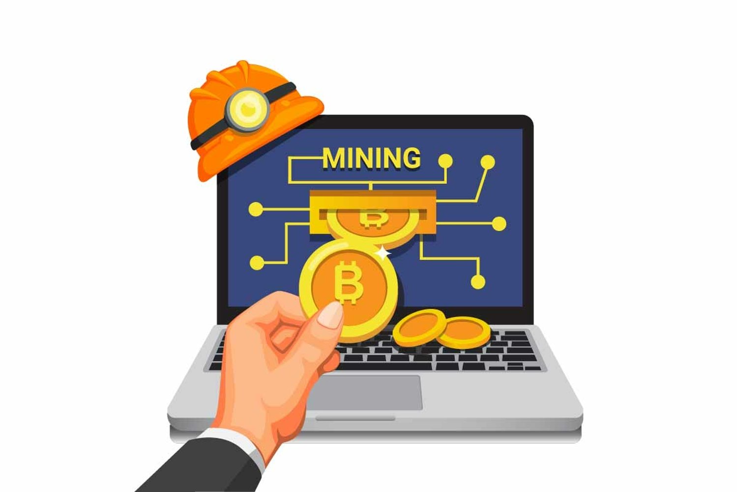 Bitcoin mining, hand take coin from laptop mobile app ...
