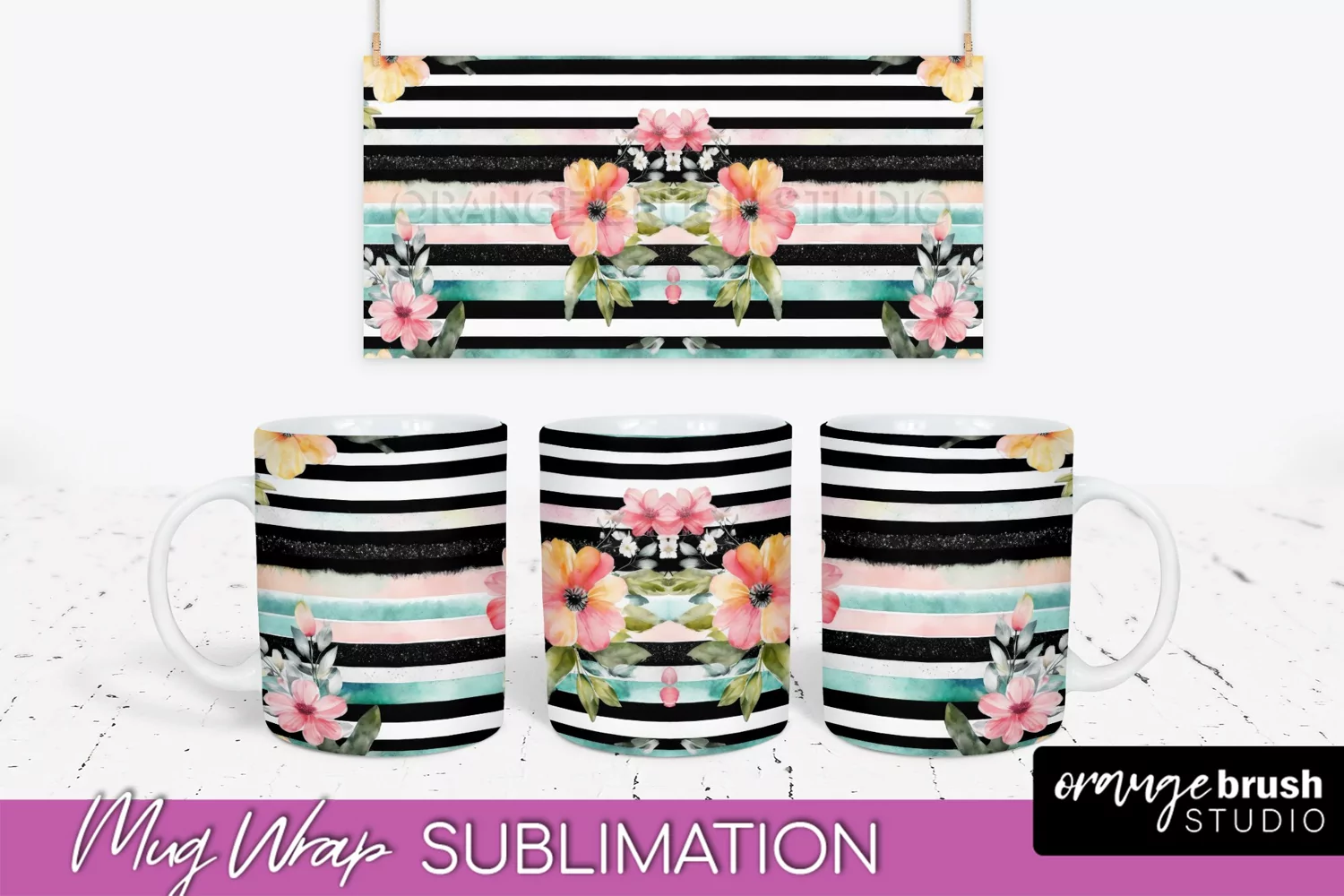 Pink Watercolor Flowers Mug Wrap - Floral Mug Sublimation product image 1