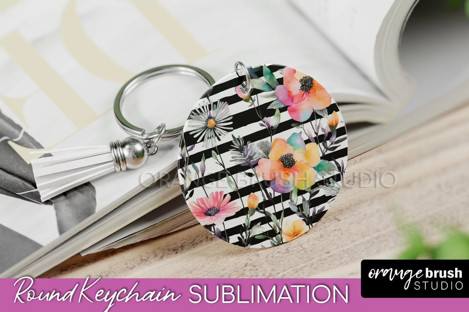 Pink Flowers Keychain, Floral Keychain Sublimation Design product image 1