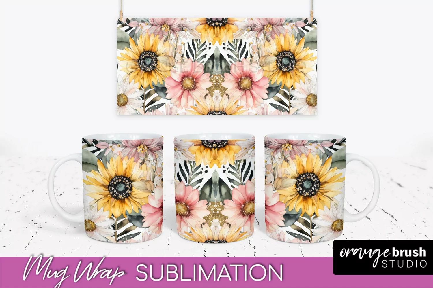 Pink Watercolor Flowers Mug Wrap - Floral Mug Sublimation product image 1