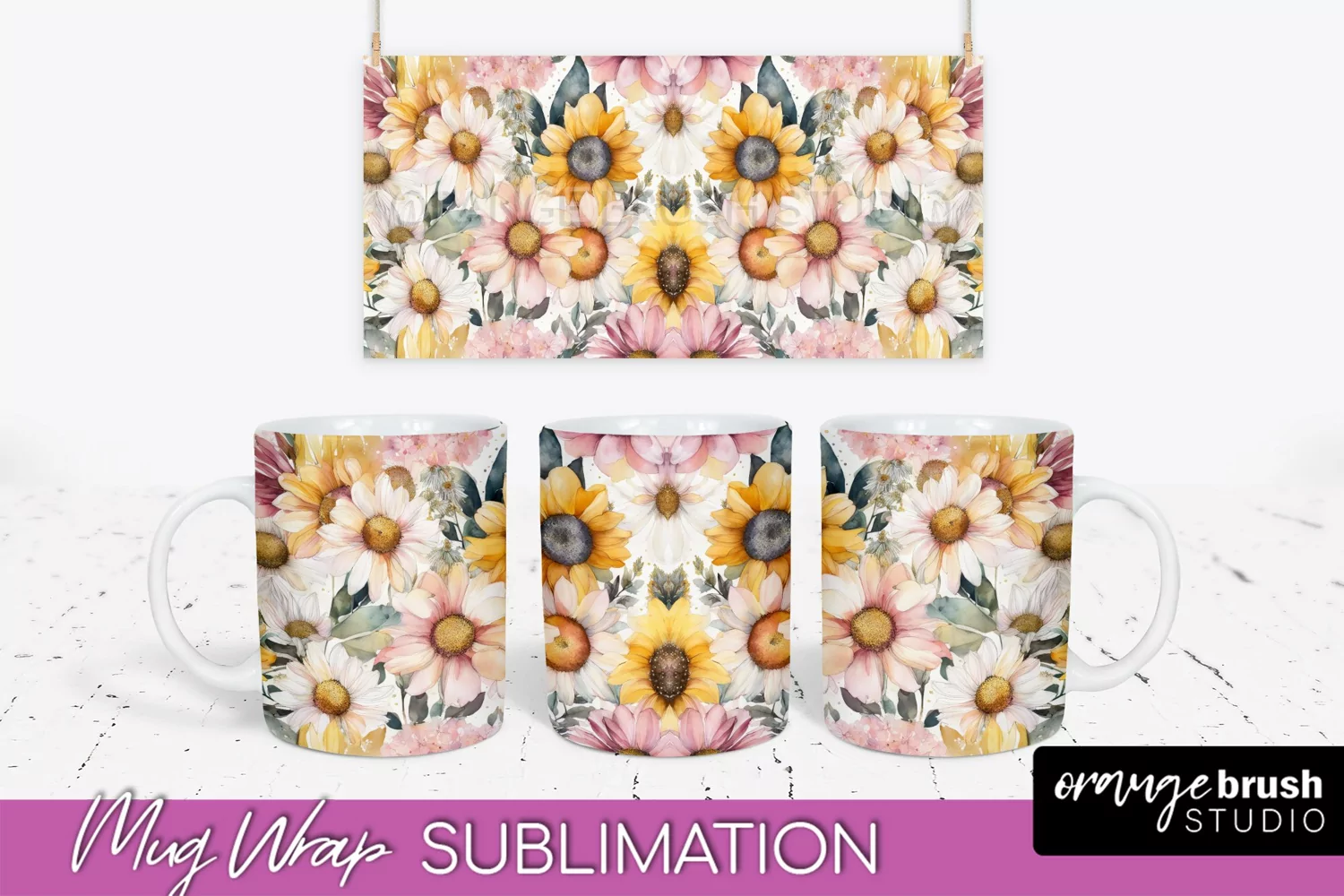 Pink Watercolor Flowers Mug Wrap - Floral Mug Sublimation product image 1