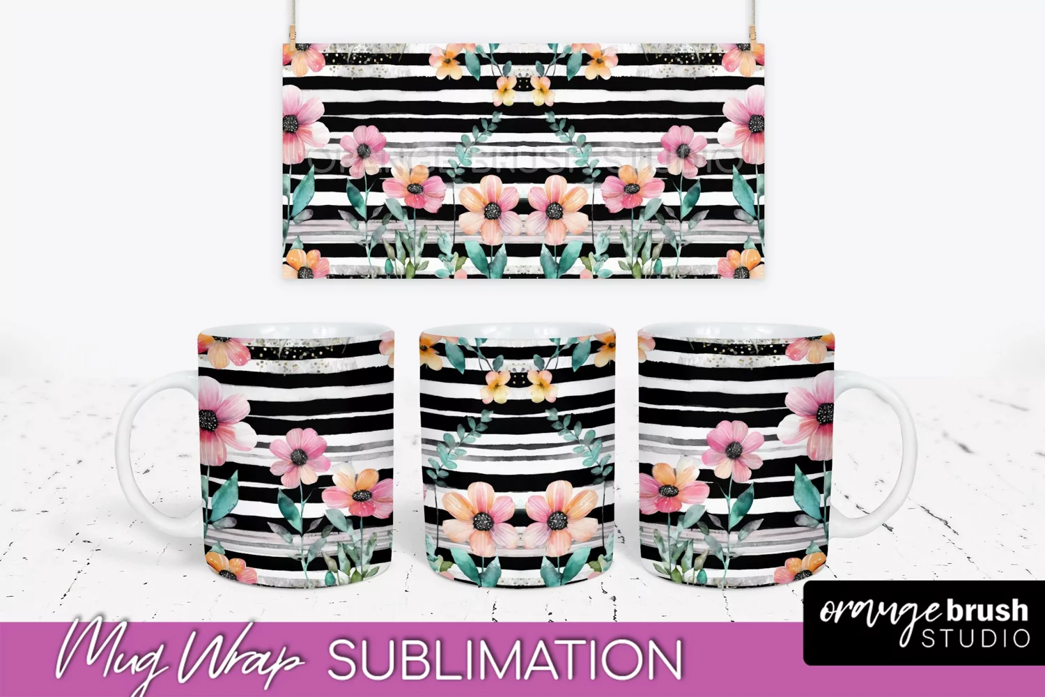 Pink Watercolor Flowers Mug Wrap - Floral Mug Sublimation product image 1