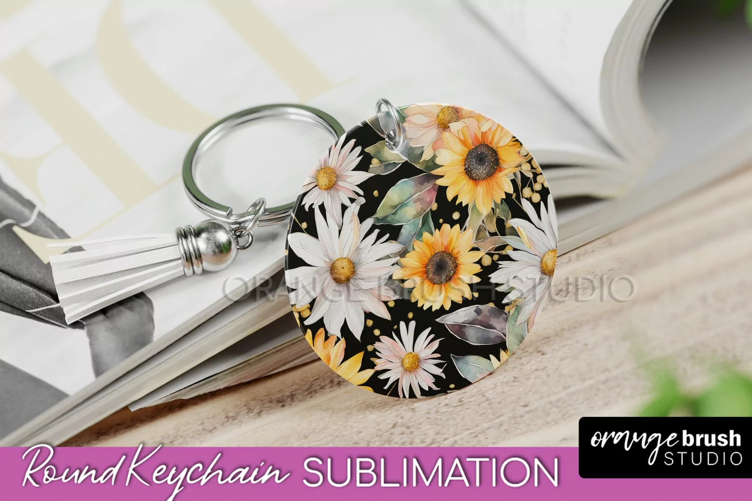 Pink Flowers Keychain, Floral Keychain Sublimation Design product image 1