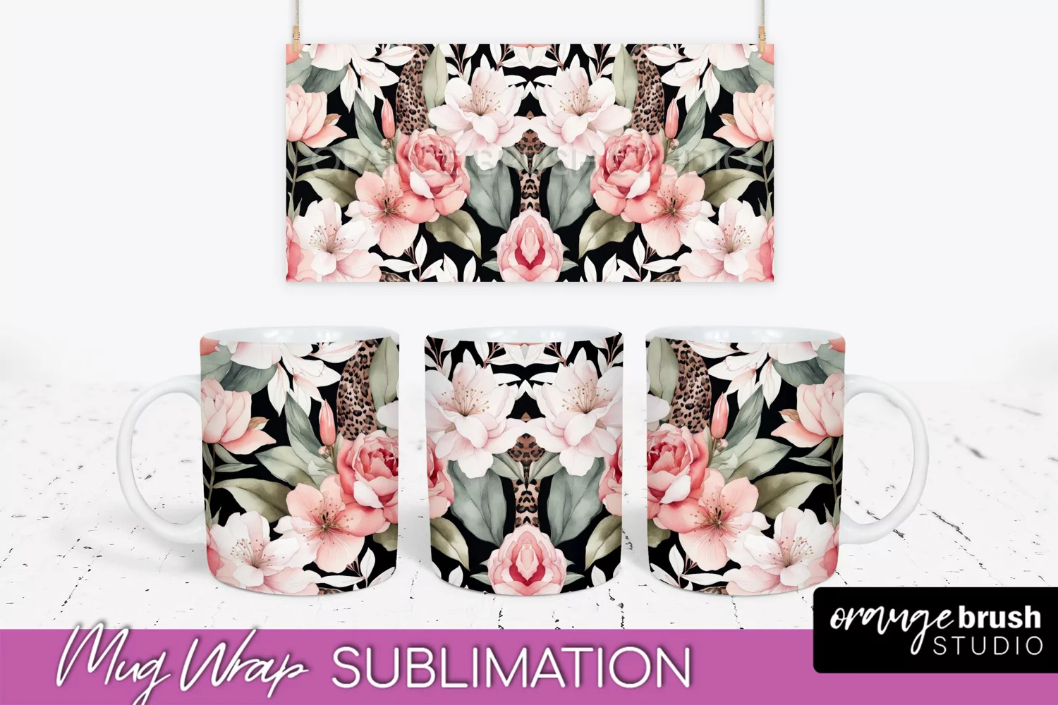 Pink Watercolor Flowers Mug Wrap - Floral Mug Sublimation product image 1