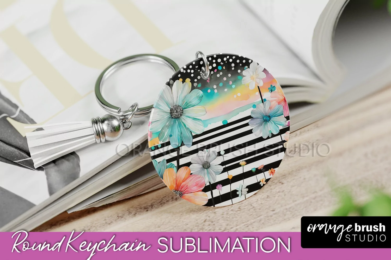 Pink Flowers Keychain, Floral Keychain Sublimation Design product image 1