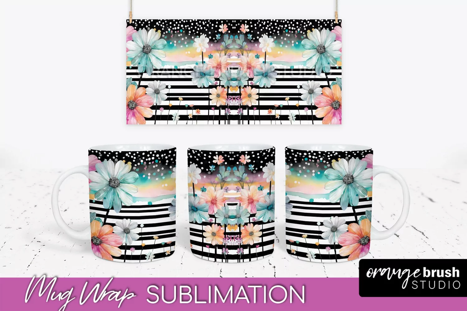 Pink Watercolor Flowers Mug Wrap - Floral Mug Sublimation product image 1