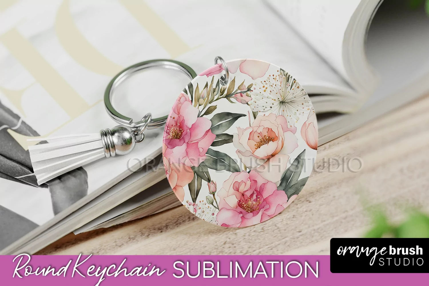 Pink Flowers Keychain, Floral Keychain Sublimation Design product image 1
