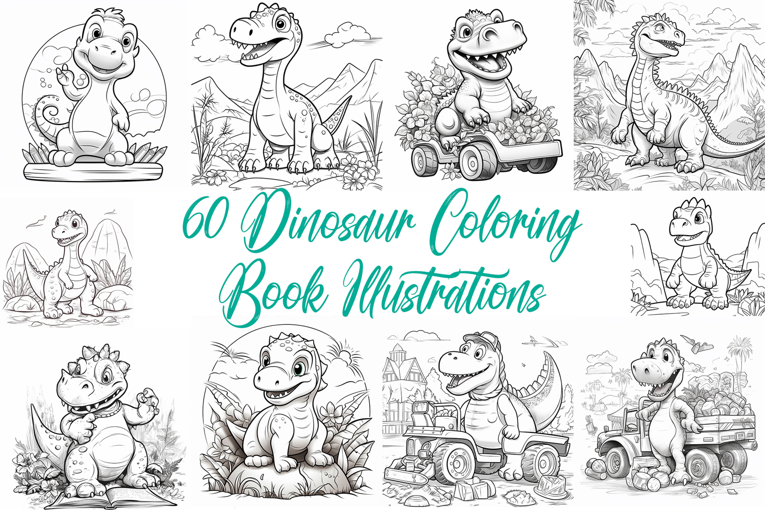 60 Dinosaur Coloring Pages Book Illustrations Printable JPG product image 1