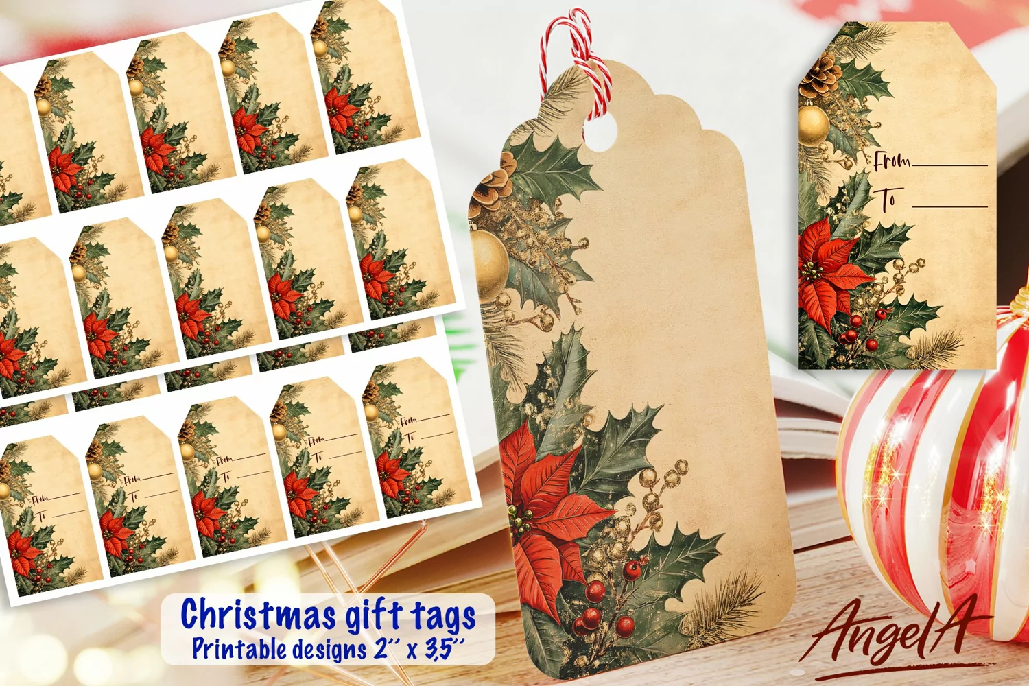 Printable Christmas gift tags PDF / poinsettia / retro paper product image 1