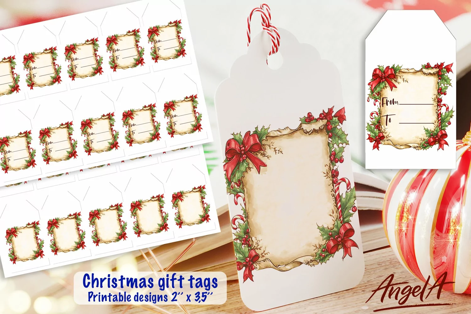 Printable Christmas gift tags, holly leaves, papyrus PNG product image 1