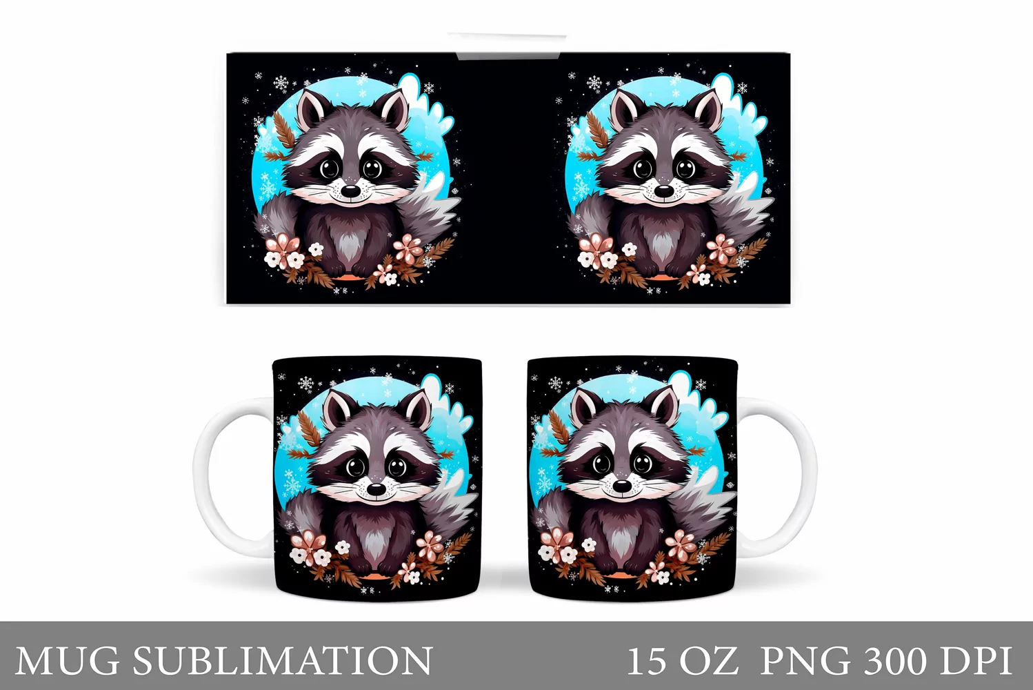 Winter Raccoon Mug Sublimation. Cute Raccoon Mug Wrap Design product image 1