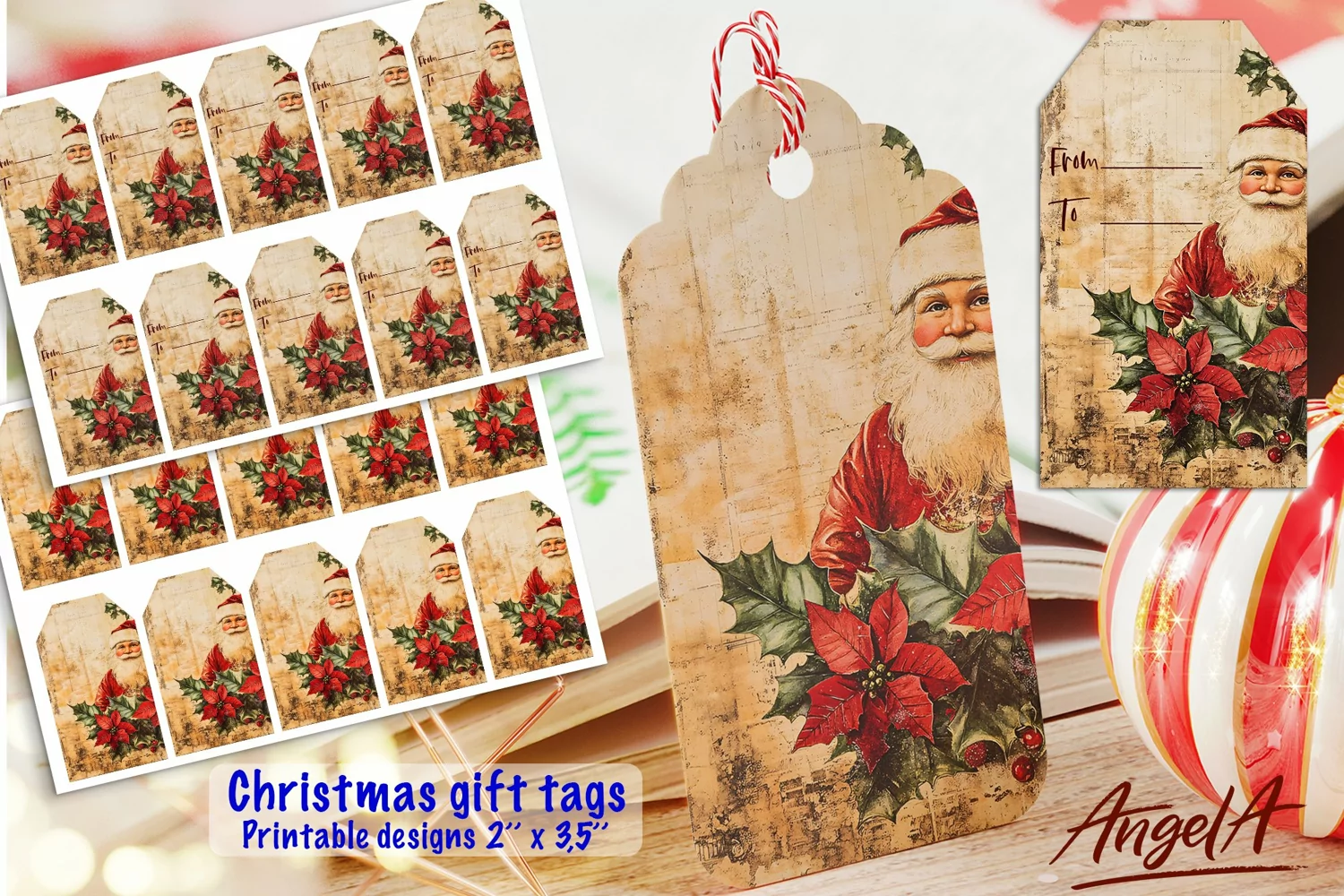Christmas gift tag printable, Santa Claus, retro poinsettia product image 1