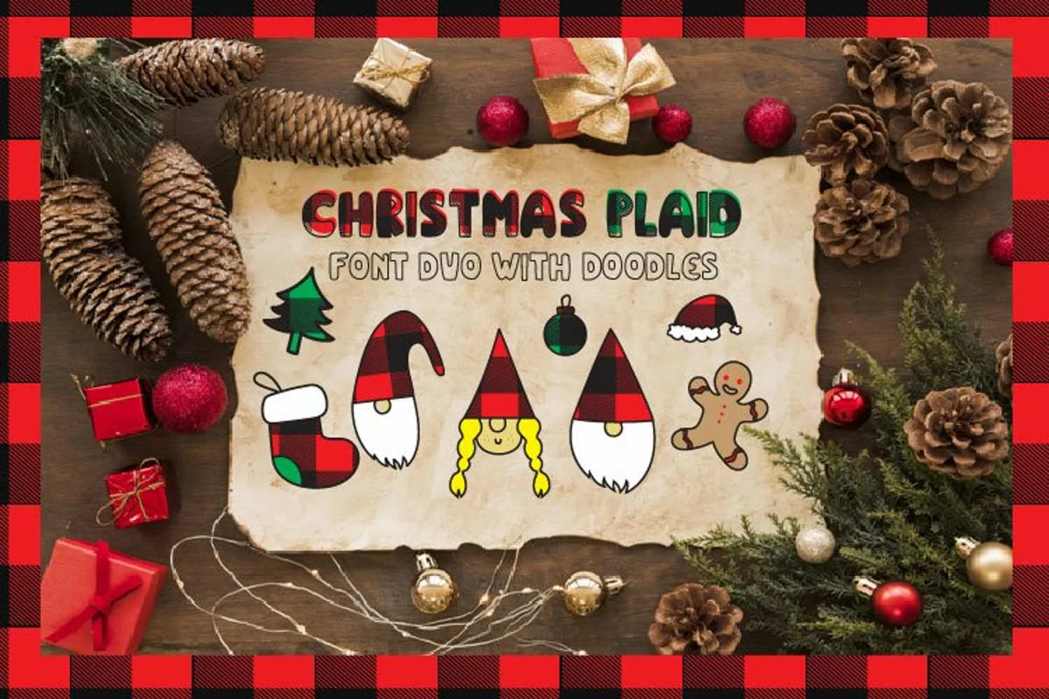 Christmas buffalo plaid font with doodles elements product image 1