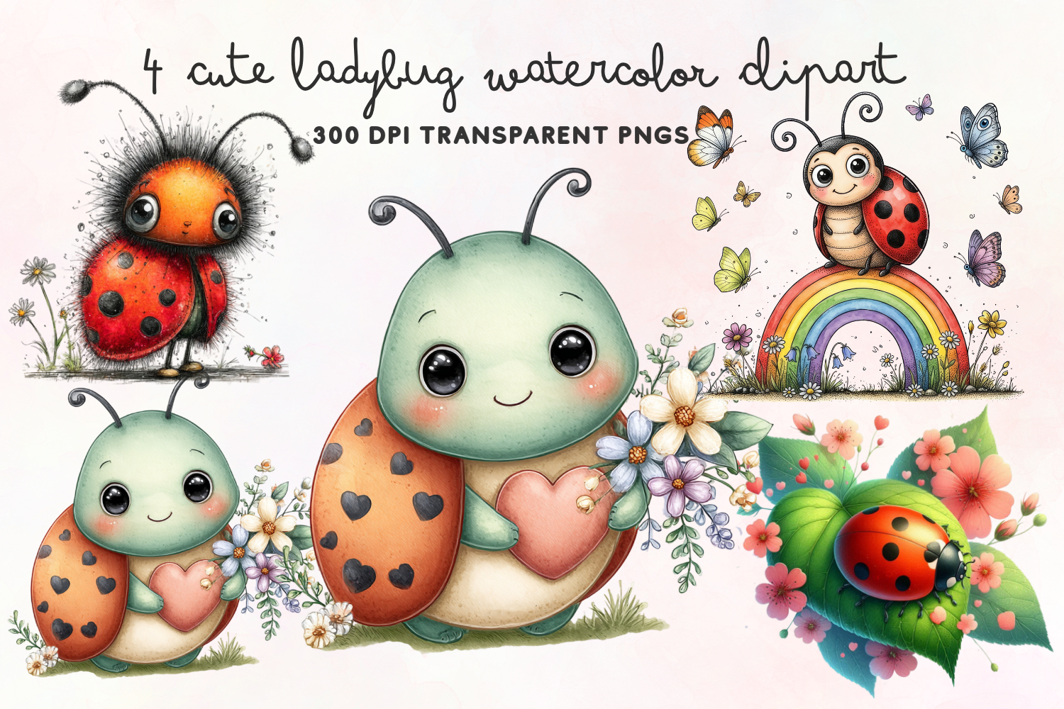 Cute Ladybug Watercolor Clipart PNG product image 1