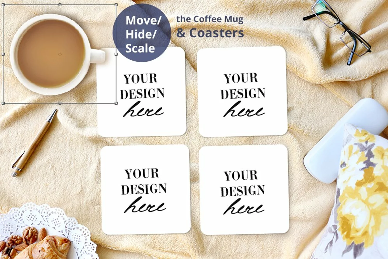 Coaster Mockup PSD, Cozy home style Coasters set mockup product image 1