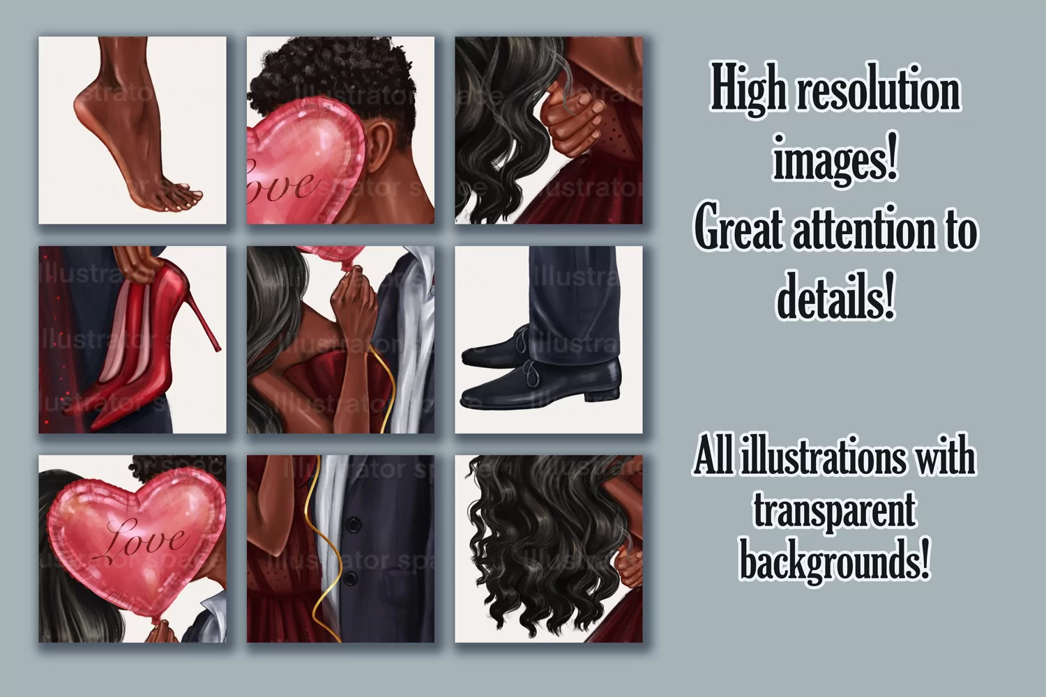 Valentine's Day African American couple clipart, Love art product image 1