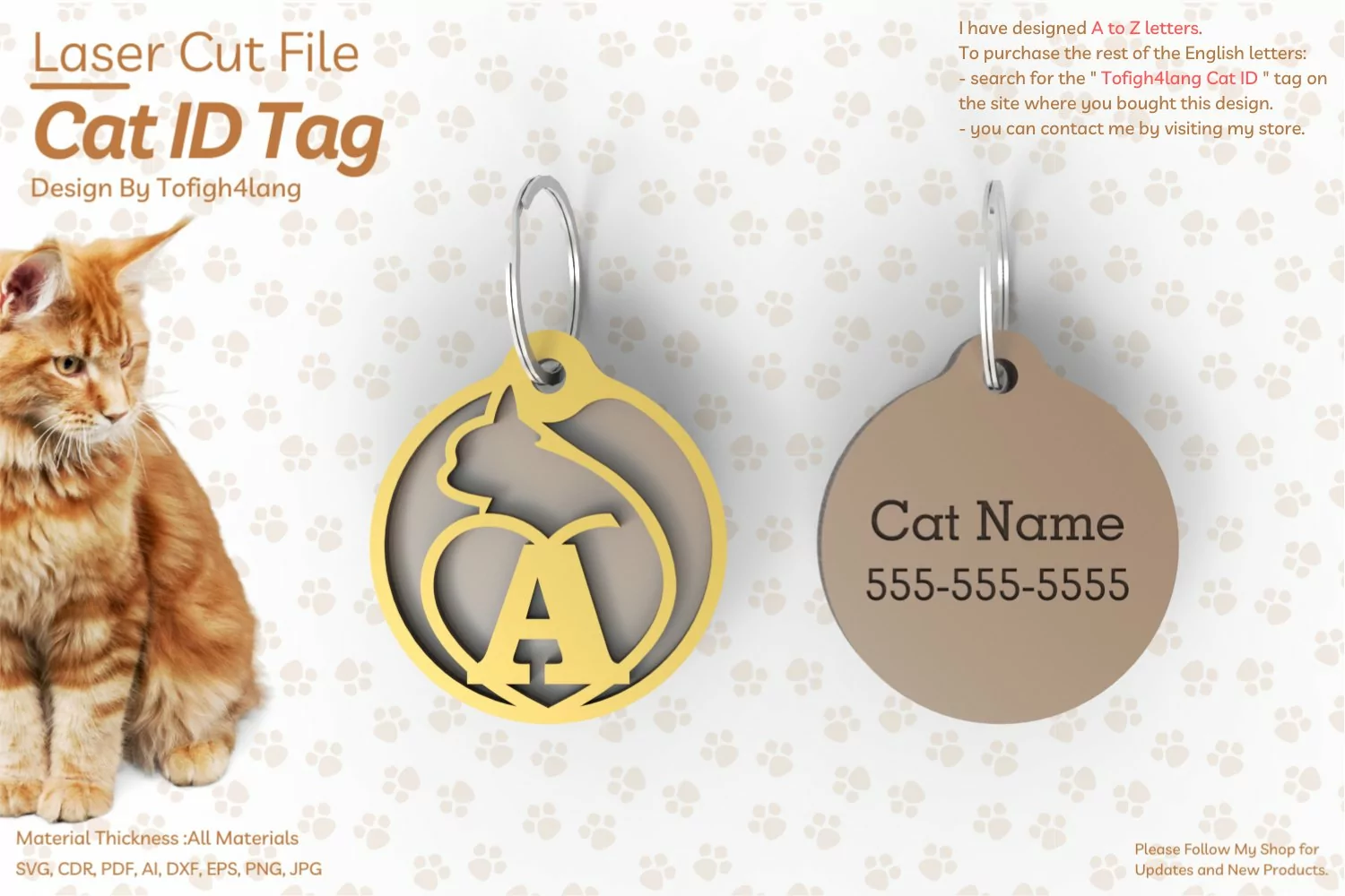 A | Cat ID Tag | Cat ID Tag Slide On Collar| laser cut | SVG product image 1