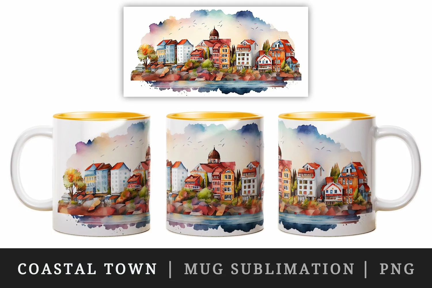 Watercolor coastal town mug, cup wrap sublimation design png product image 1