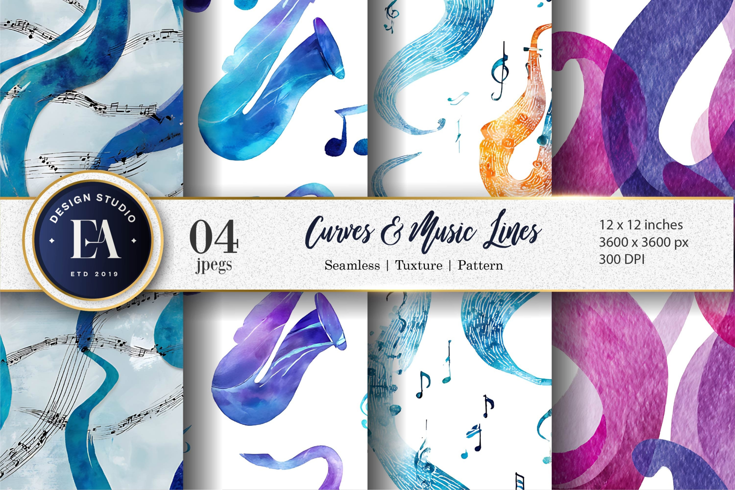 Saxophone Curves Watercolor Music Pattern Digital Paper product image 1