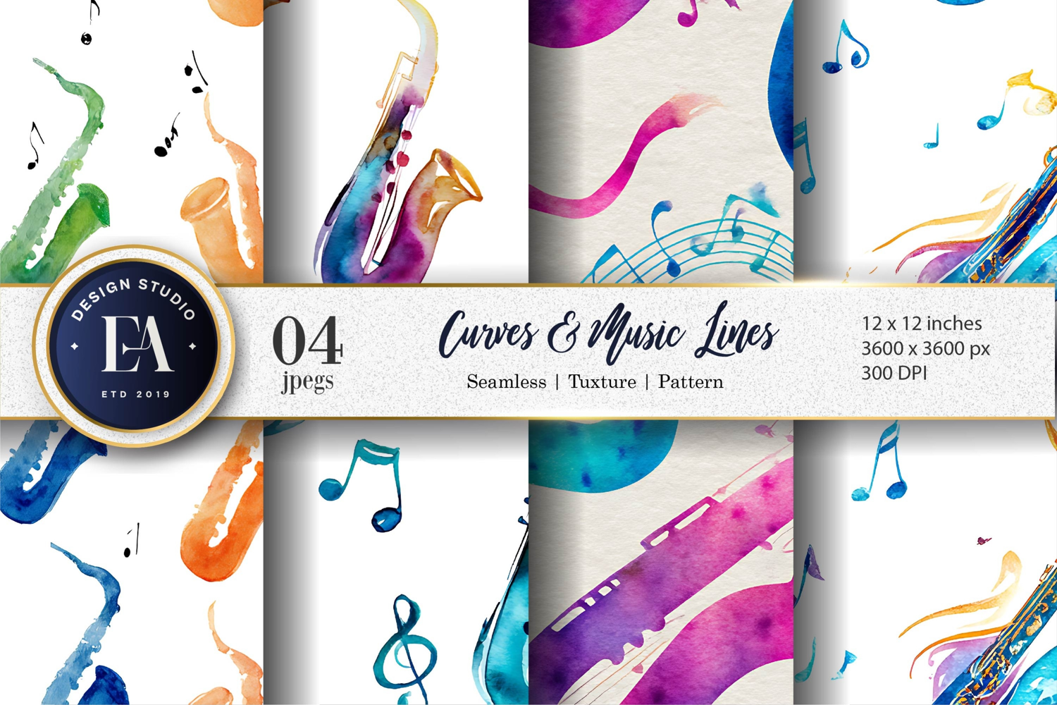 Saxophone Watercolor Texture with Lines Digital Paper product image 1