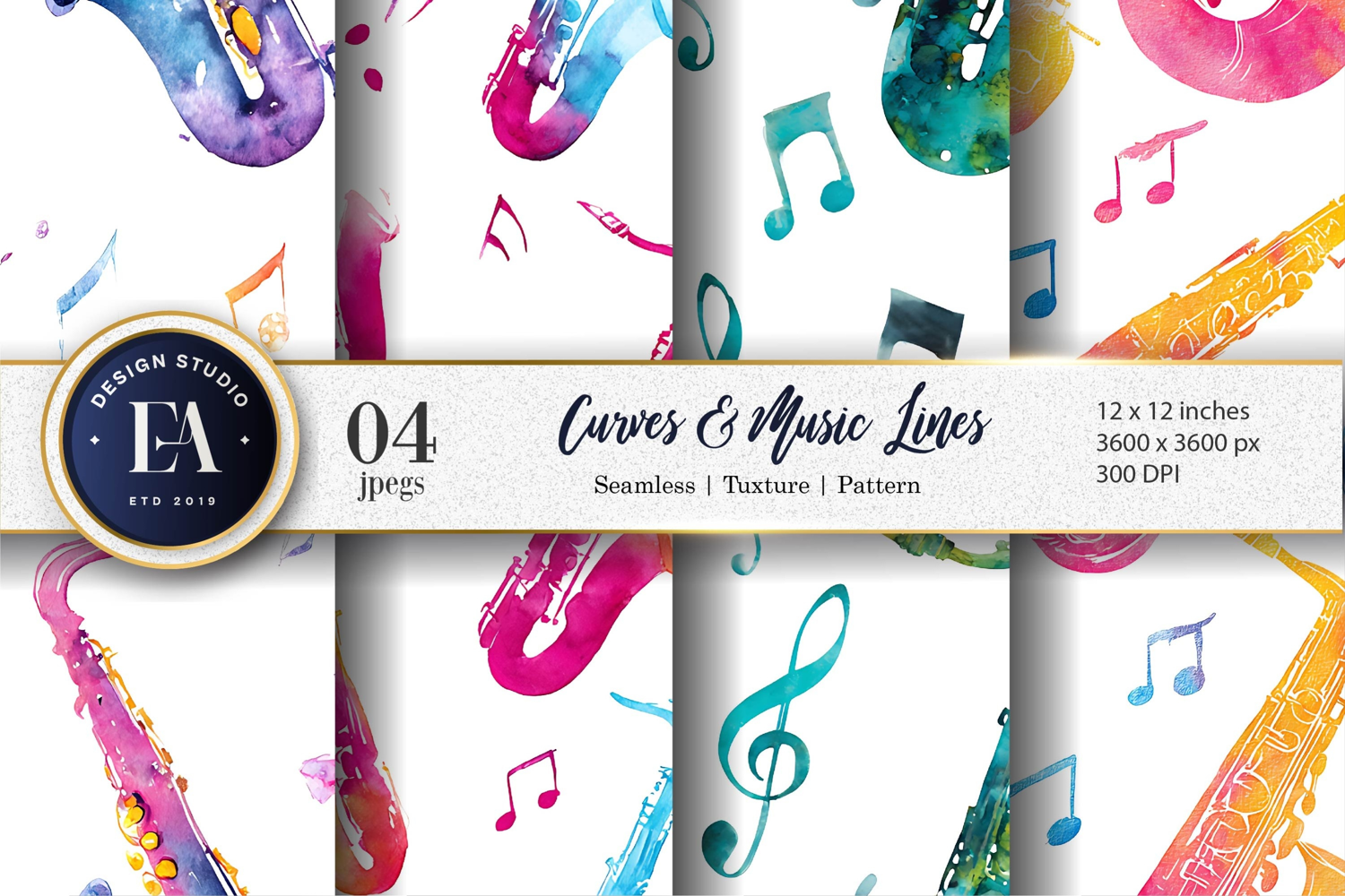 Saxophone Curves Watercolor Music Pattern Digital Paper product image 1
