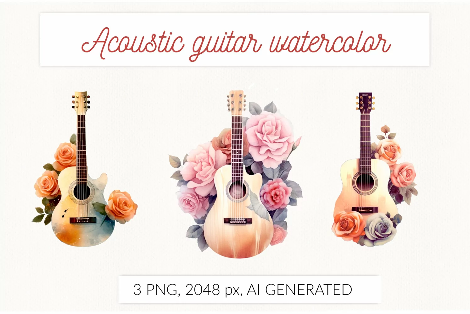 Acoustic guitar with flowers watercolor PNG sublimation product image 1